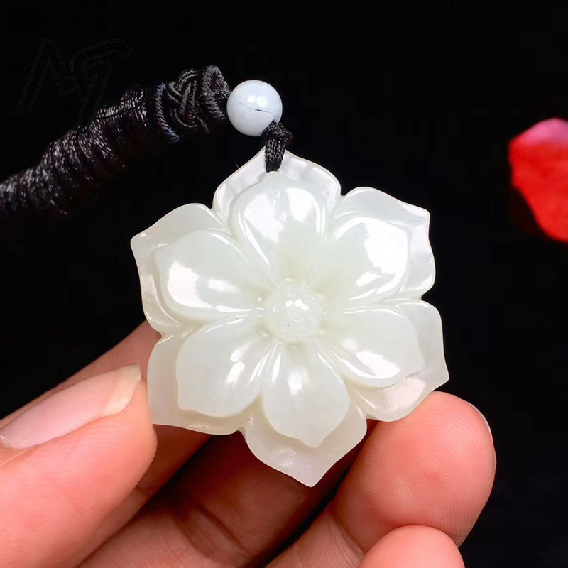 Necklace Pendant - Natural Chinese White Jade Pentagonal Flower