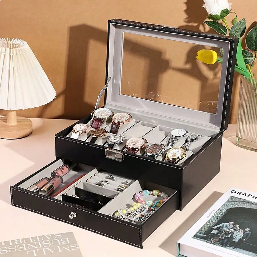 12-Slot Watch Box with Drawer, - Jewelry Watches Men 评论和价格
