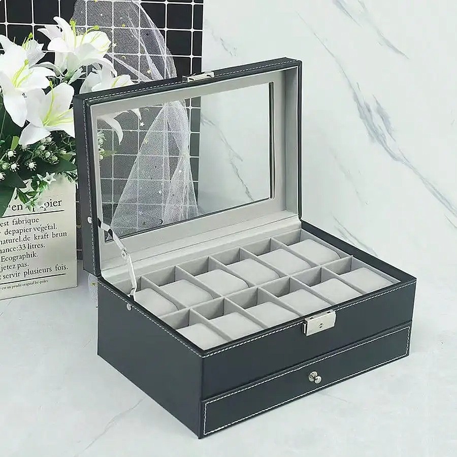 12-Slot Watch Box with Drawer, - Jewelry Watches Men 评论和价格